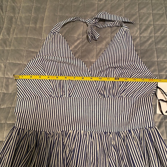 Unique Vintage Blue and White Striped Halter Dress with Embroidered Eyelet Trim - Picture 13 of 13